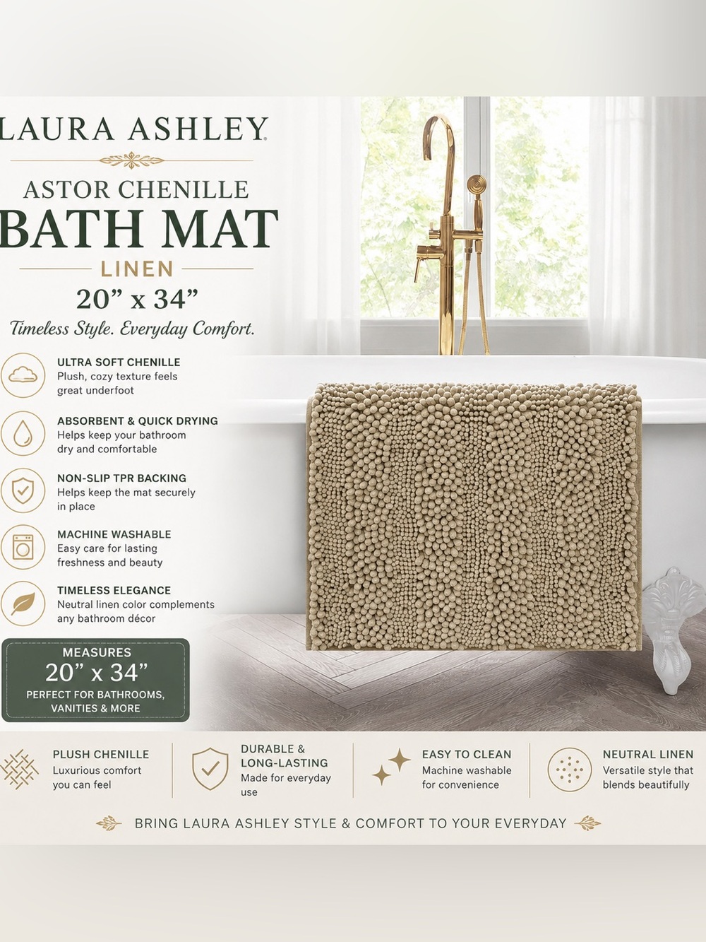 Laura Ashley Astor Chenille Bath Mat Linen 20” x 34” Non-Slip TPR Backing NWT